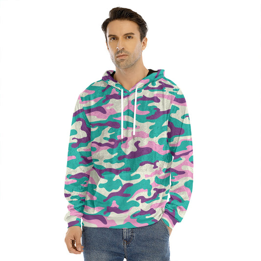 Pastel Teal And Purple Camouflage Print Men's Velvet Pullover Hoodie