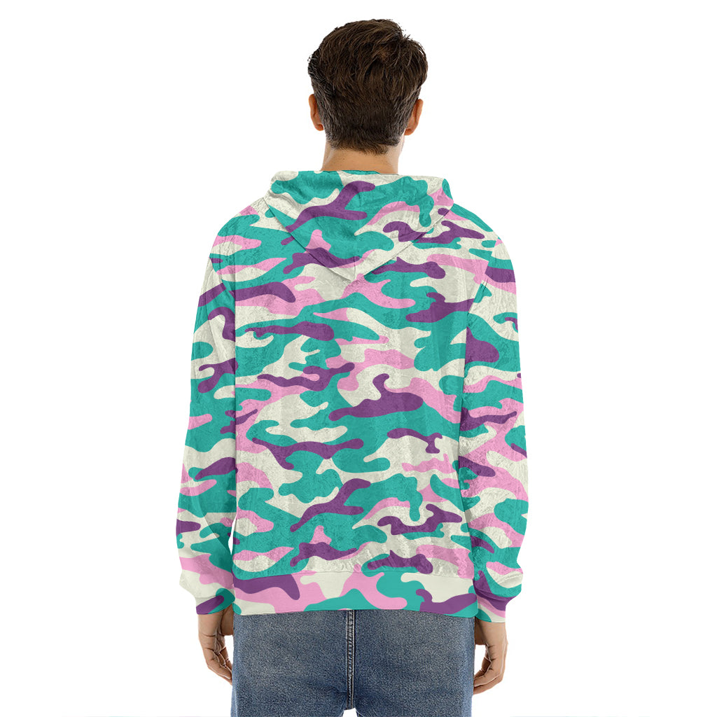 Pastel Teal And Purple Camouflage Print Men's Velvet Pullover Hoodie