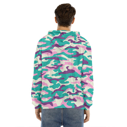 Pastel Teal And Purple Camouflage Print Men's Velvet Pullover Hoodie