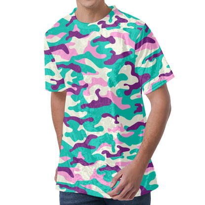 Pastel Teal And Purple Camouflage Print Men's Velvet T-Shirt