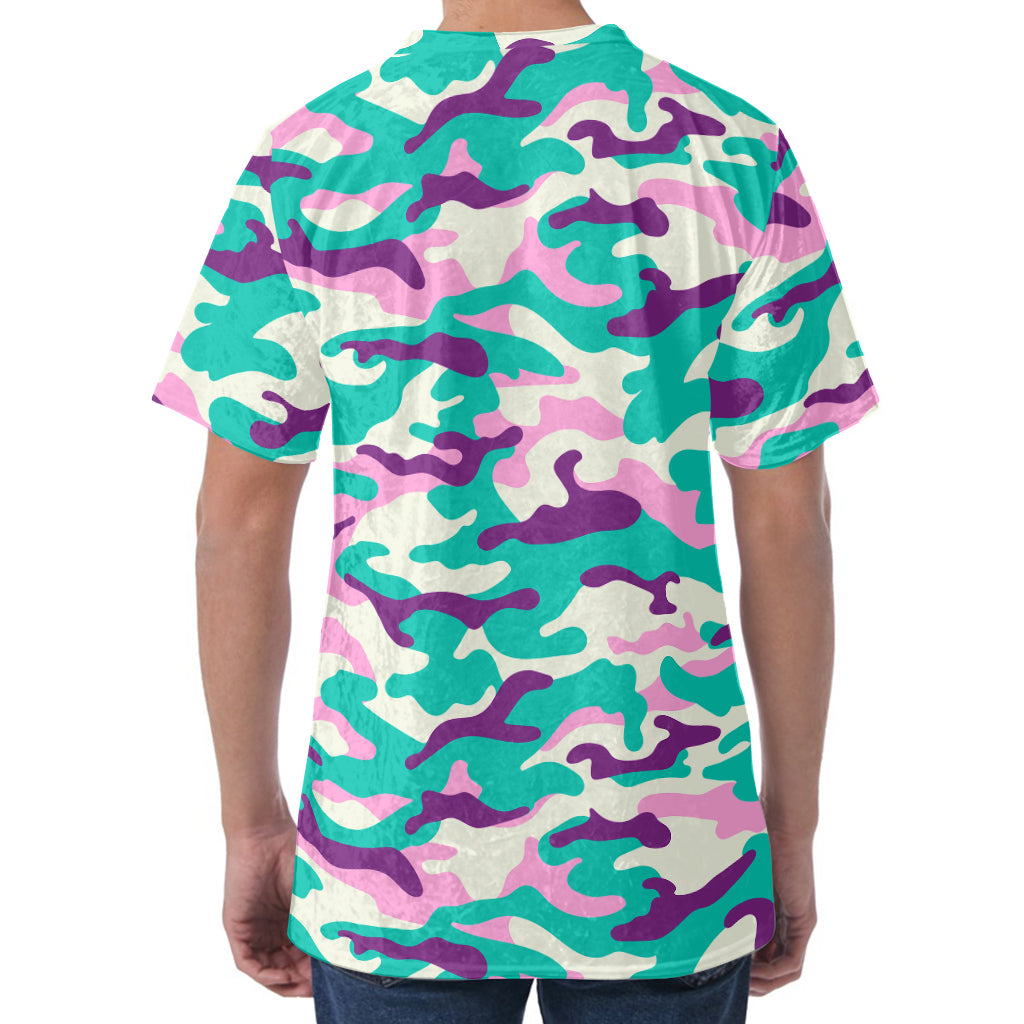 Pastel Teal And Purple Camouflage Print Men's Velvet T-Shirt
