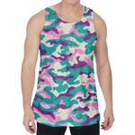 Pastel Teal And Purple Camouflage Print Men's Velvet Tank Top