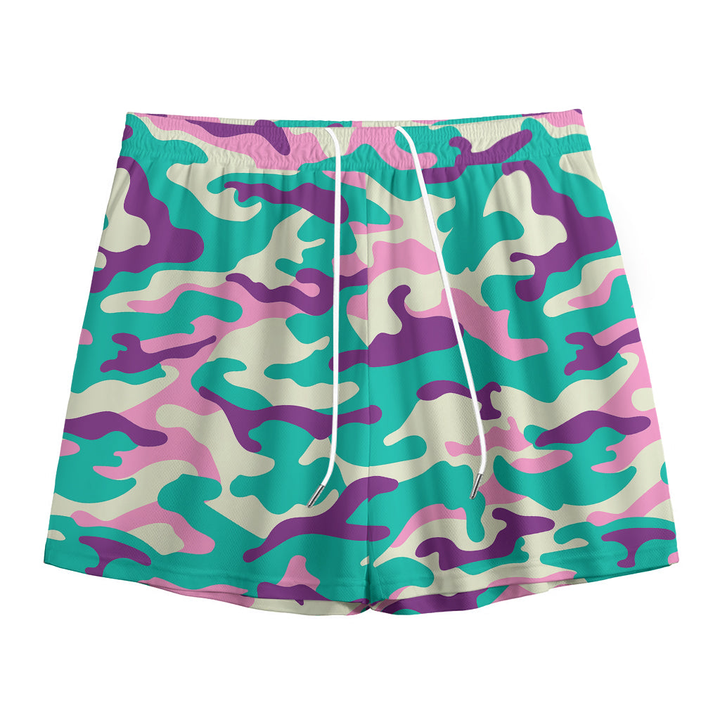 Pastel Teal And Purple Camouflage Print Mesh Shorts