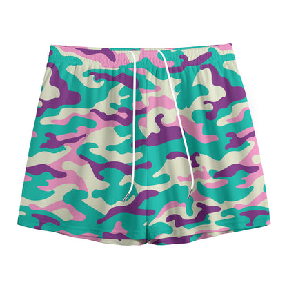 Pastel Teal And Purple Camouflage Print Mesh Shorts