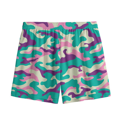 Pastel Teal And Purple Camouflage Print Mesh Shorts