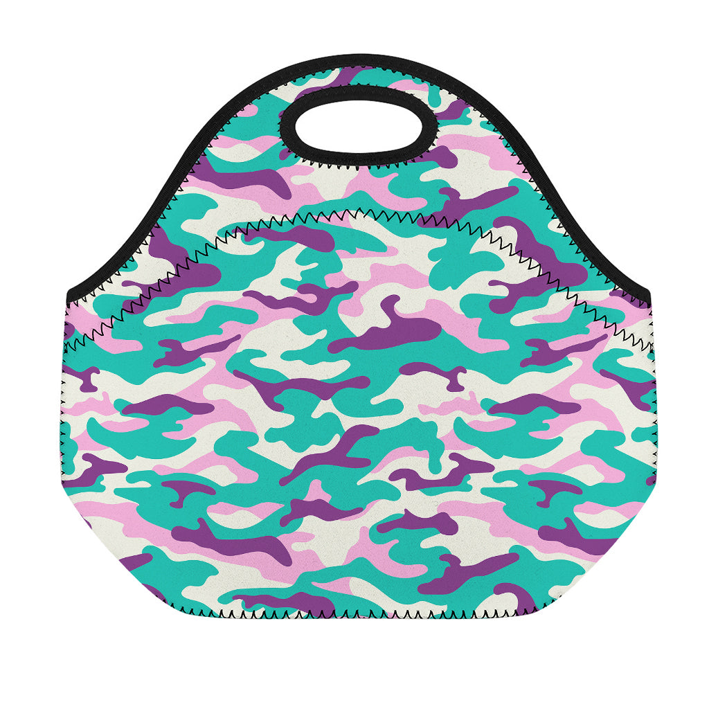 Pastel Teal And Purple Camouflage Print Neoprene Lunch Bag