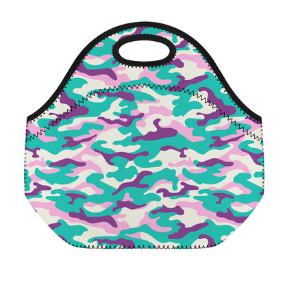 Pastel Teal And Purple Camouflage Print Neoprene Lunch Bag