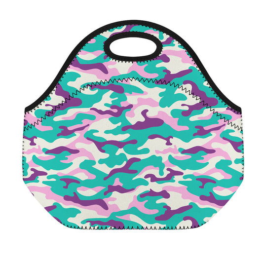 Pastel Teal And Purple Camouflage Print Neoprene Lunch Bag