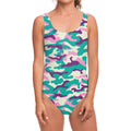 Pastel Teal And Purple Camouflage Print One Piece Swimsuit