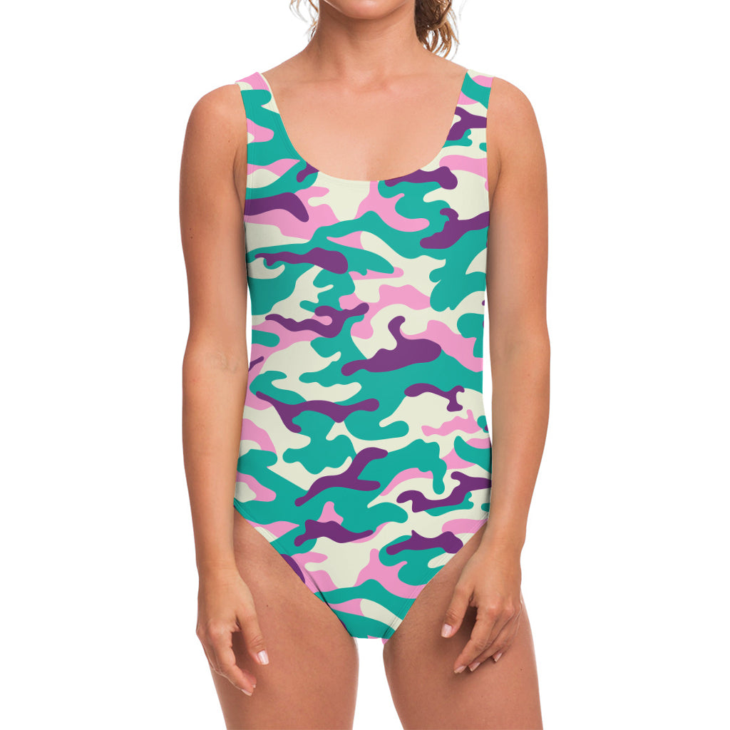 Pastel Teal And Purple Camouflage Print One Piece Swimsuit