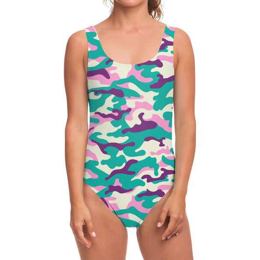 Pastel Teal And Purple Camouflage Print One Piece Swimsuit