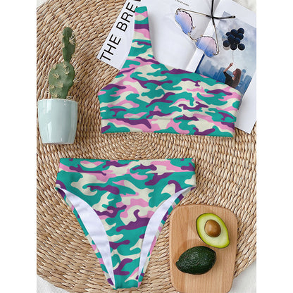 Pastel Teal And Purple Camouflage Print One Shoulder Bikini Top