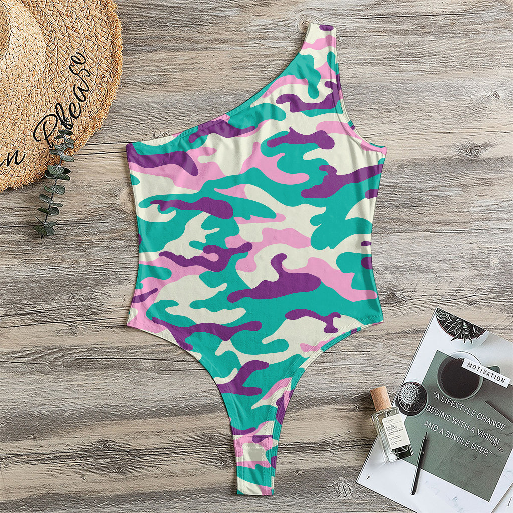 Pastel Teal And Purple Camouflage Print One Shoulder Bodysuit