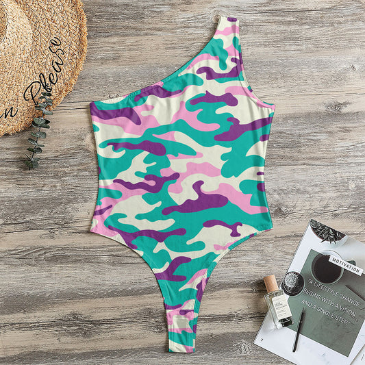 Pastel Teal And Purple Camouflage Print One Shoulder Bodysuit