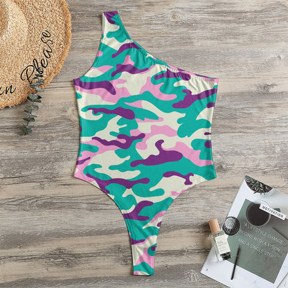 Pastel Teal And Purple Camouflage Print One Shoulder Bodysuit