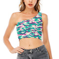 Pastel Teal And Purple Camouflage Print One Shoulder Crop Top