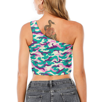Pastel Teal And Purple Camouflage Print One Shoulder Crop Top