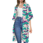 Pastel Teal And Purple Camouflage Print Open Front Beach Cover Up