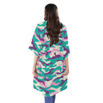 Pastel Teal And Purple Camouflage Print Open Front Beach Cover Up