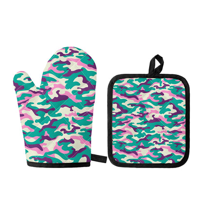 Pastel Teal And Purple Camouflage Print Oven Mitt And Pot Holder Set