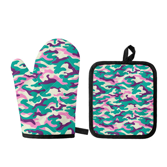 Pastel Teal And Purple Camouflage Print Oven Mitt And Pot Holder Set