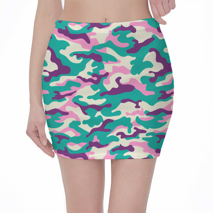 Pastel Teal And Purple Camouflage Print Pencil Mini Skirt