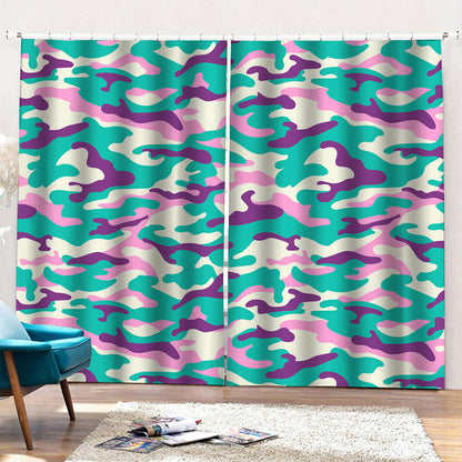 Pastel Teal And Purple Camouflage Print Pencil Pleat Curtains
