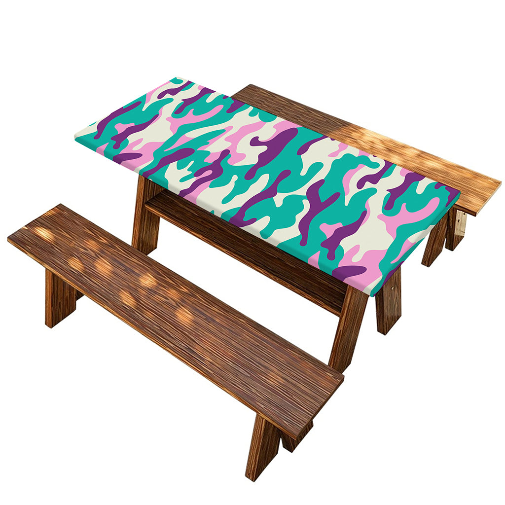 Pastel Teal And Purple Camouflage Print Picnic Table Cover