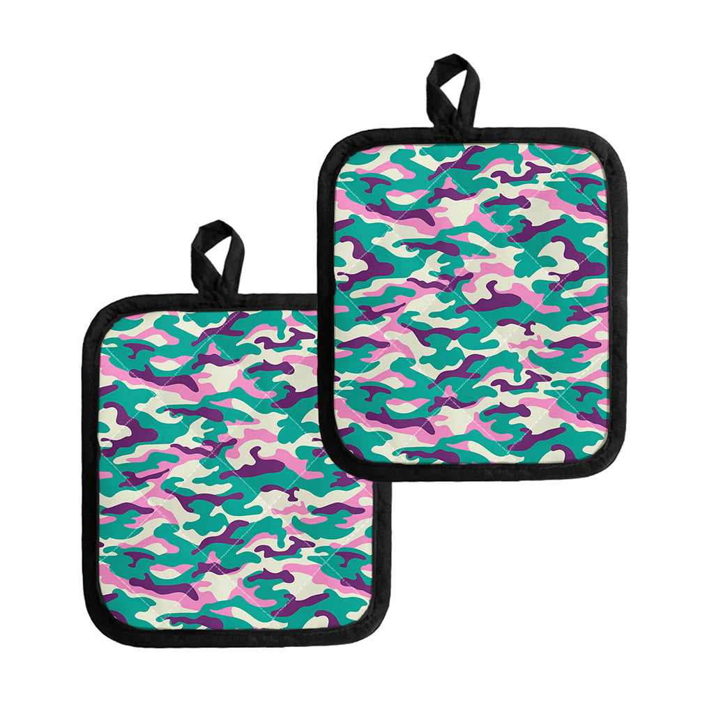 Pastel Teal And Purple Camouflage Print Pot Holders