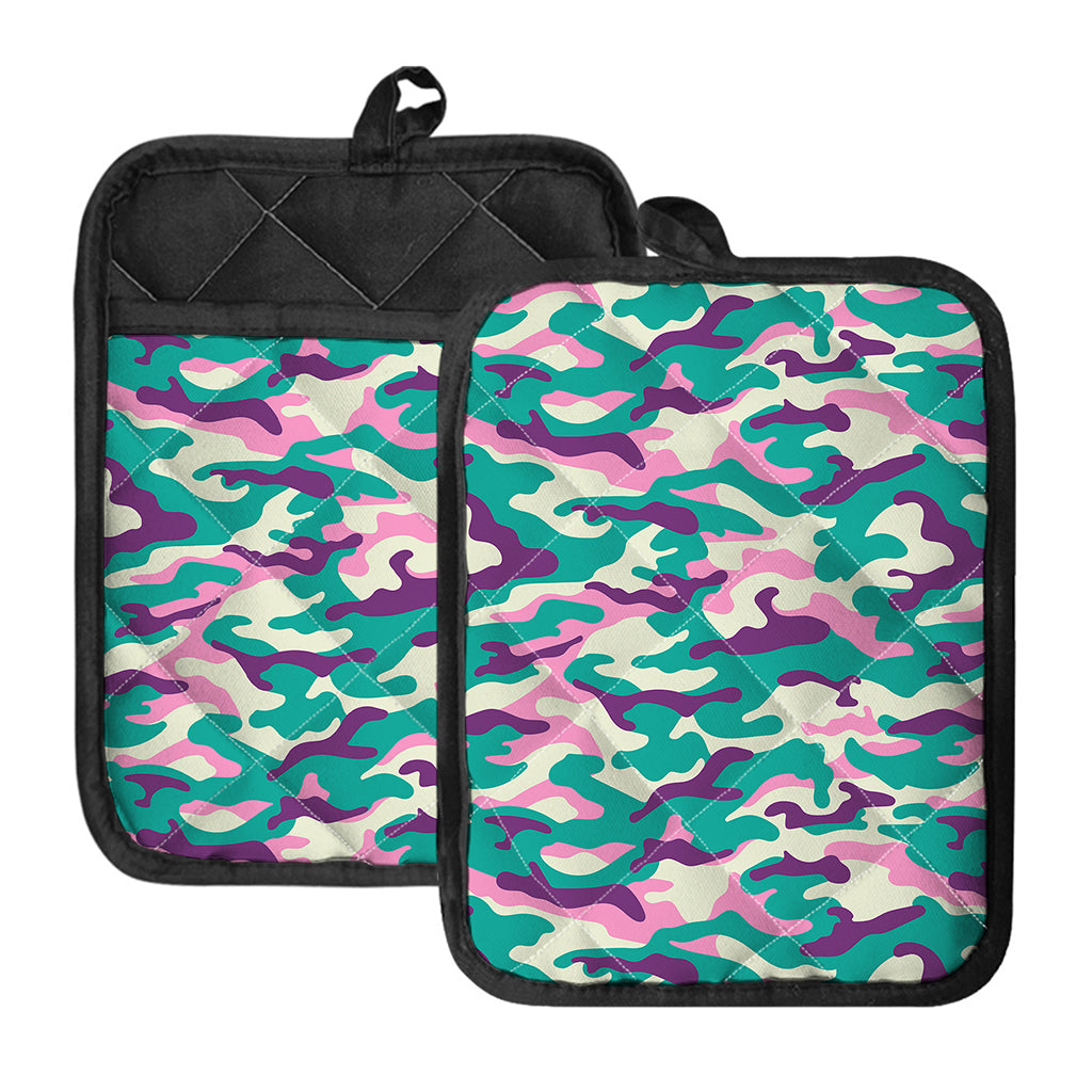 Pastel Teal And Purple Camouflage Print Pot Holders With Pocket