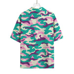 Pastel Teal And Purple Camouflage Print Rayon Hawaiian Shirt