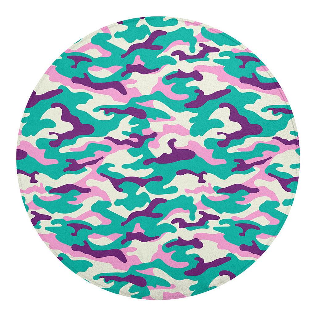 Pastel Teal And Purple Camouflage Print Round Blanket
