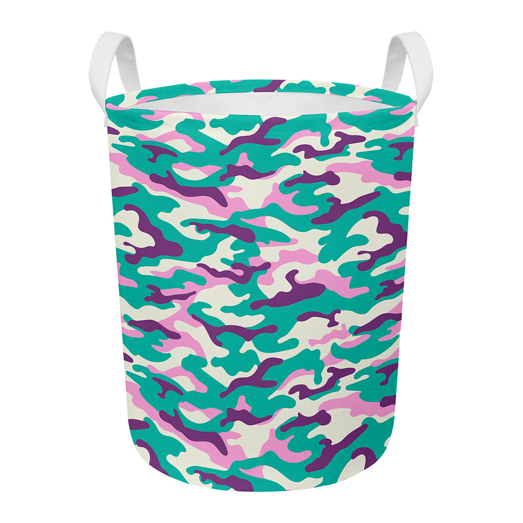 Pastel Teal And Purple Camouflage Print Round Laundry Basket
