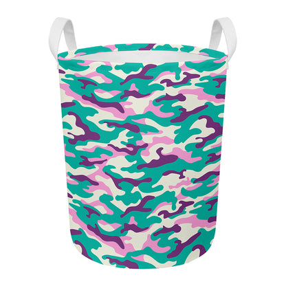 Pastel Teal And Purple Camouflage Print Round Laundry Basket