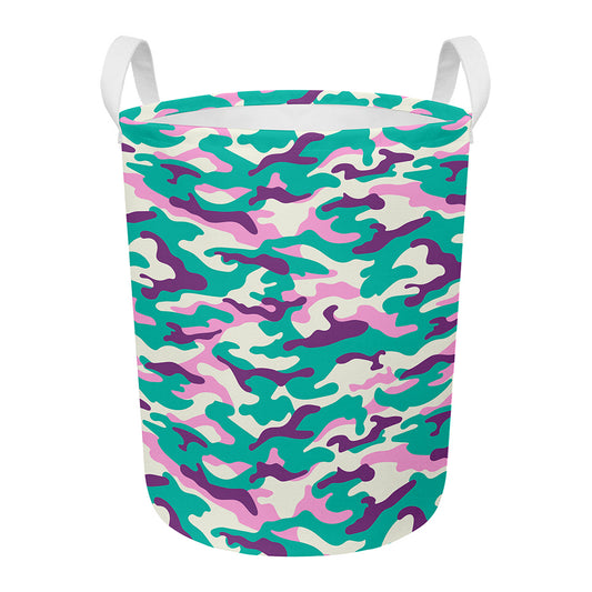 Pastel Teal And Purple Camouflage Print Round Laundry Basket