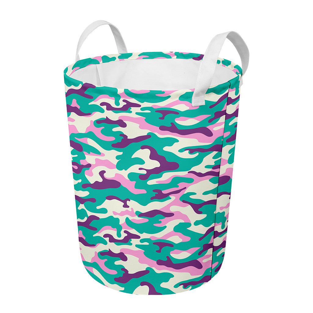 Pastel Teal And Purple Camouflage Print Round Laundry Basket