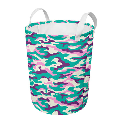 Pastel Teal And Purple Camouflage Print Round Laundry Basket