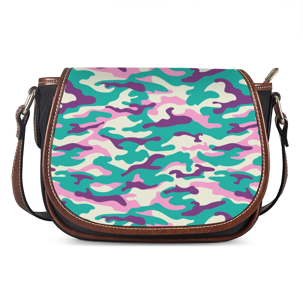 Pastel Teal And Purple Camouflage Print Saddle Bag