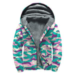 Pastel Teal And Purple Camouflage Print Sherpa Lined Zip Up Hoodie
