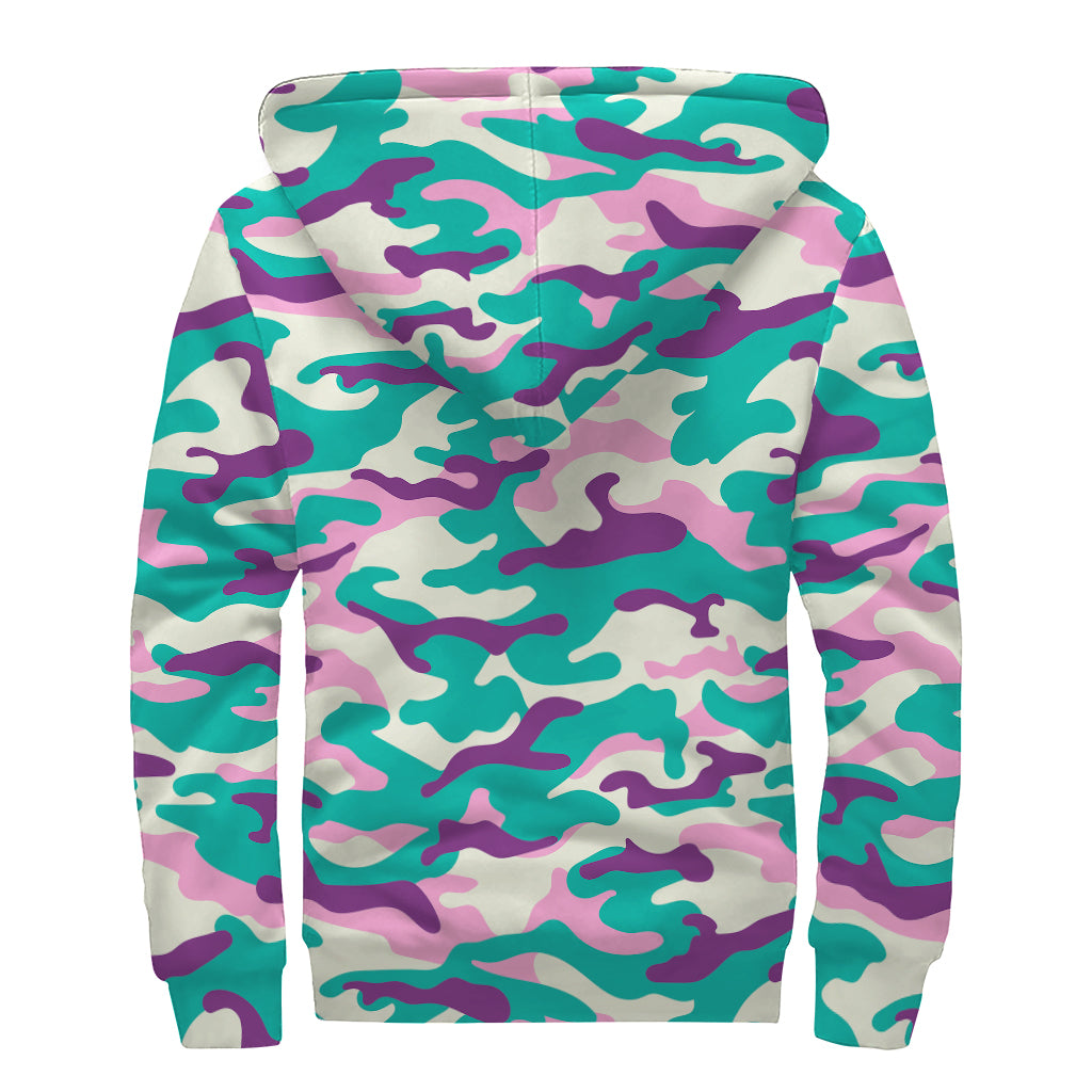 Pastel Teal And Purple Camouflage Print Sherpa Lined Zip Up Hoodie