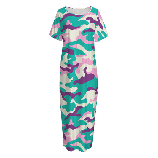 Pastel Teal And Purple Camouflage Print Short Sleeve Long Nightdress
