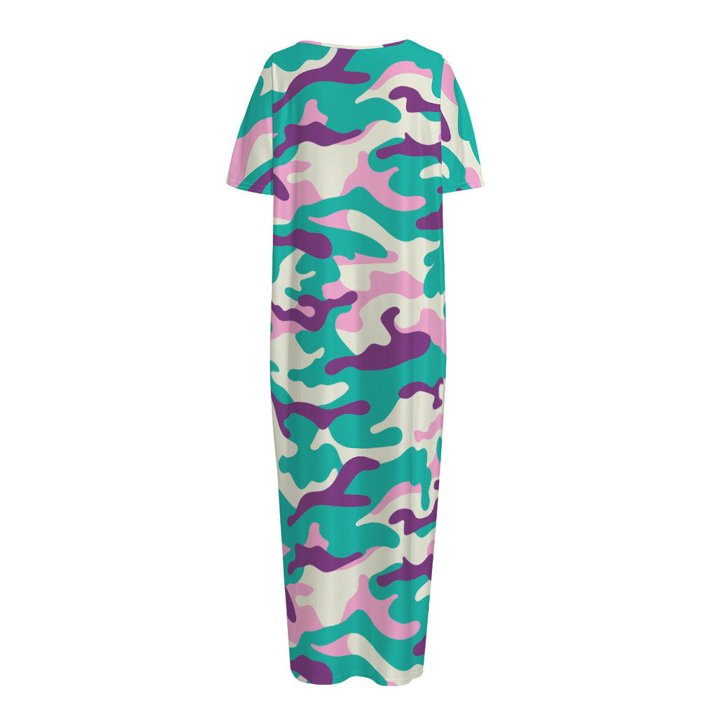 Pastel Teal And Purple Camouflage Print Short Sleeve Long Nightdress