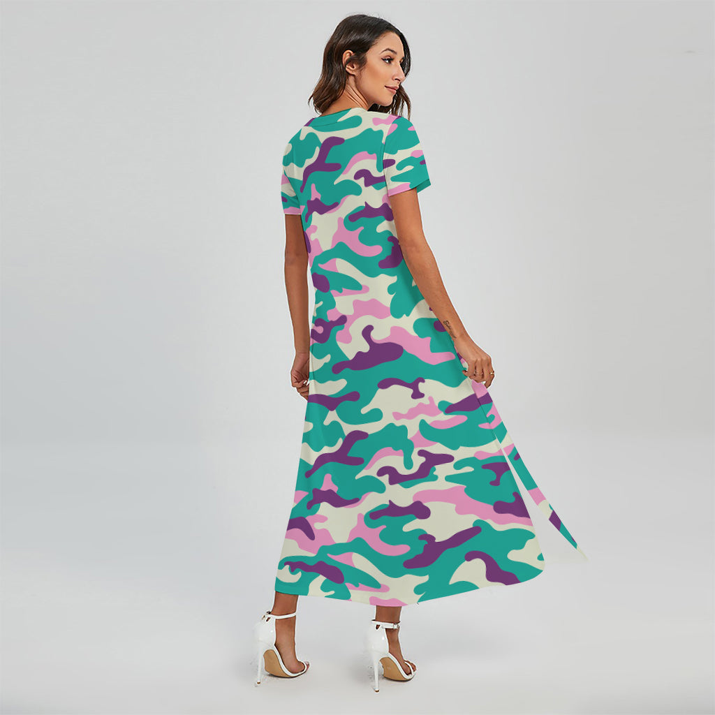 Pastel Teal And Purple Camouflage Print Short Sleeve Maxi Dress