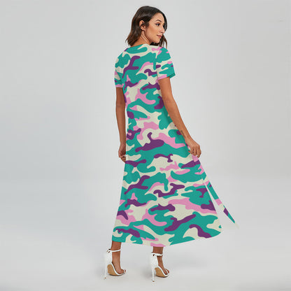 Pastel Teal And Purple Camouflage Print Short Sleeve Maxi Dress