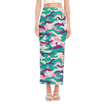 Pastel Teal And Purple Camouflage Print Side Slit Maxi Skirt
