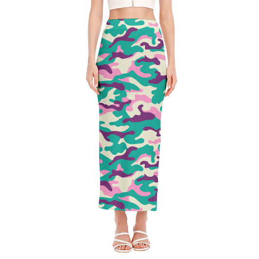 Pastel Teal And Purple Camouflage Print Side Slit Maxi Skirt