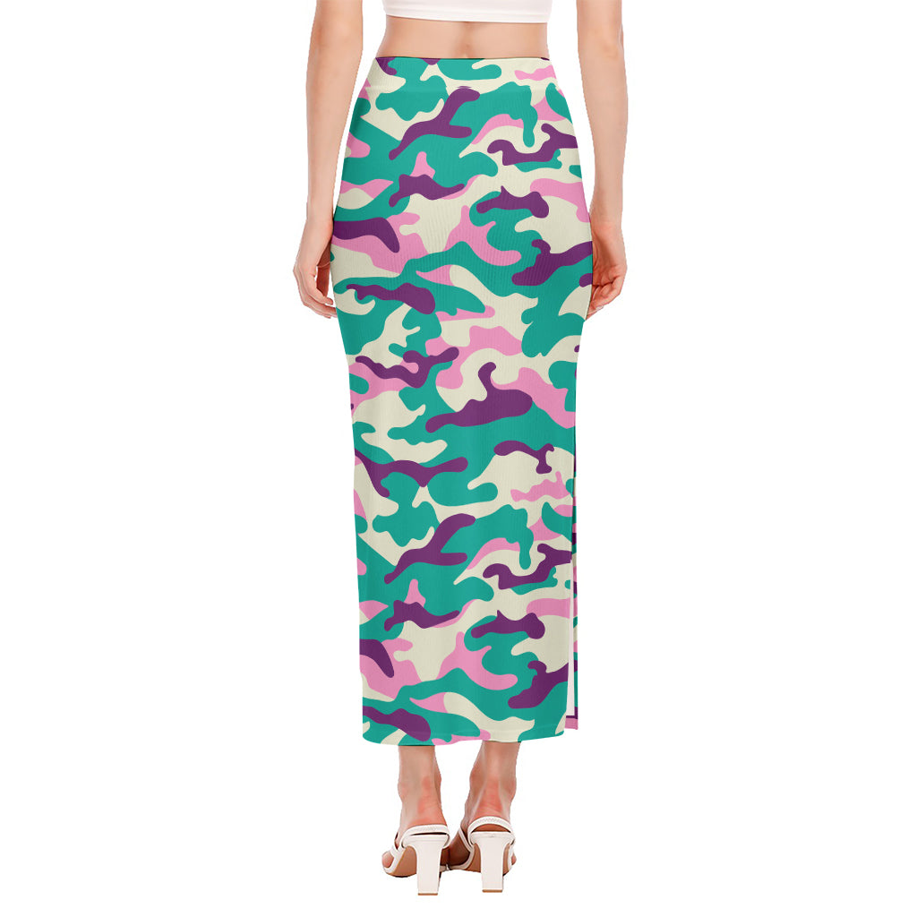 Pastel Teal And Purple Camouflage Print Side Slit Maxi Skirt