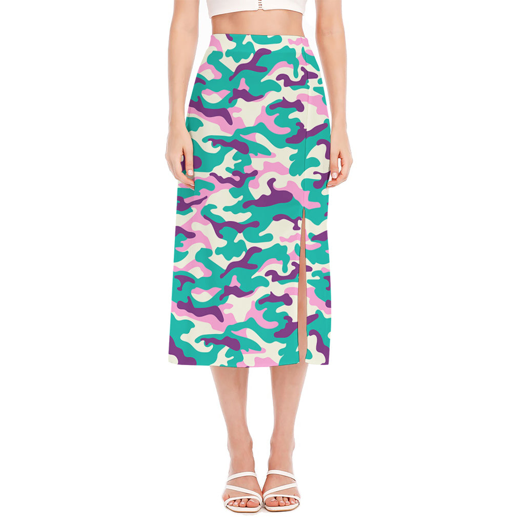 Pastel Teal And Purple Camouflage Print Side Slit Midi Skirt
