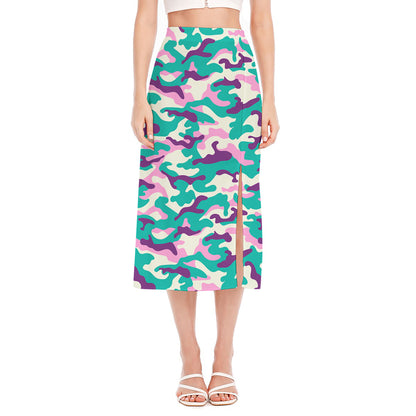 Pastel Teal And Purple Camouflage Print Side Slit Midi Skirt