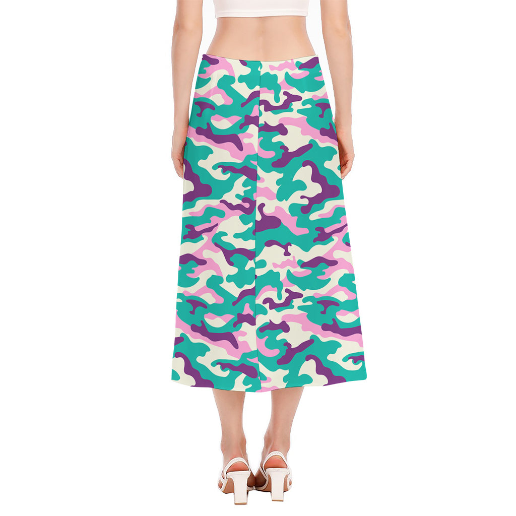 Pastel Teal And Purple Camouflage Print Side Slit Midi Skirt